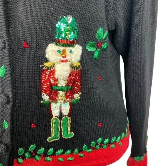 Victoria Jones Petite Embellished Nutcracker Christmas Cardigan Sweater Beads PM - Picture 6 of 13
